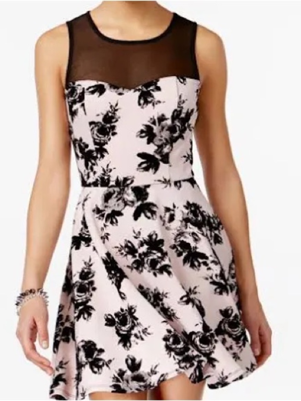 Trixxi Pink Floral Fit-and-Flare Mini Dress with Black Sheer Yoke